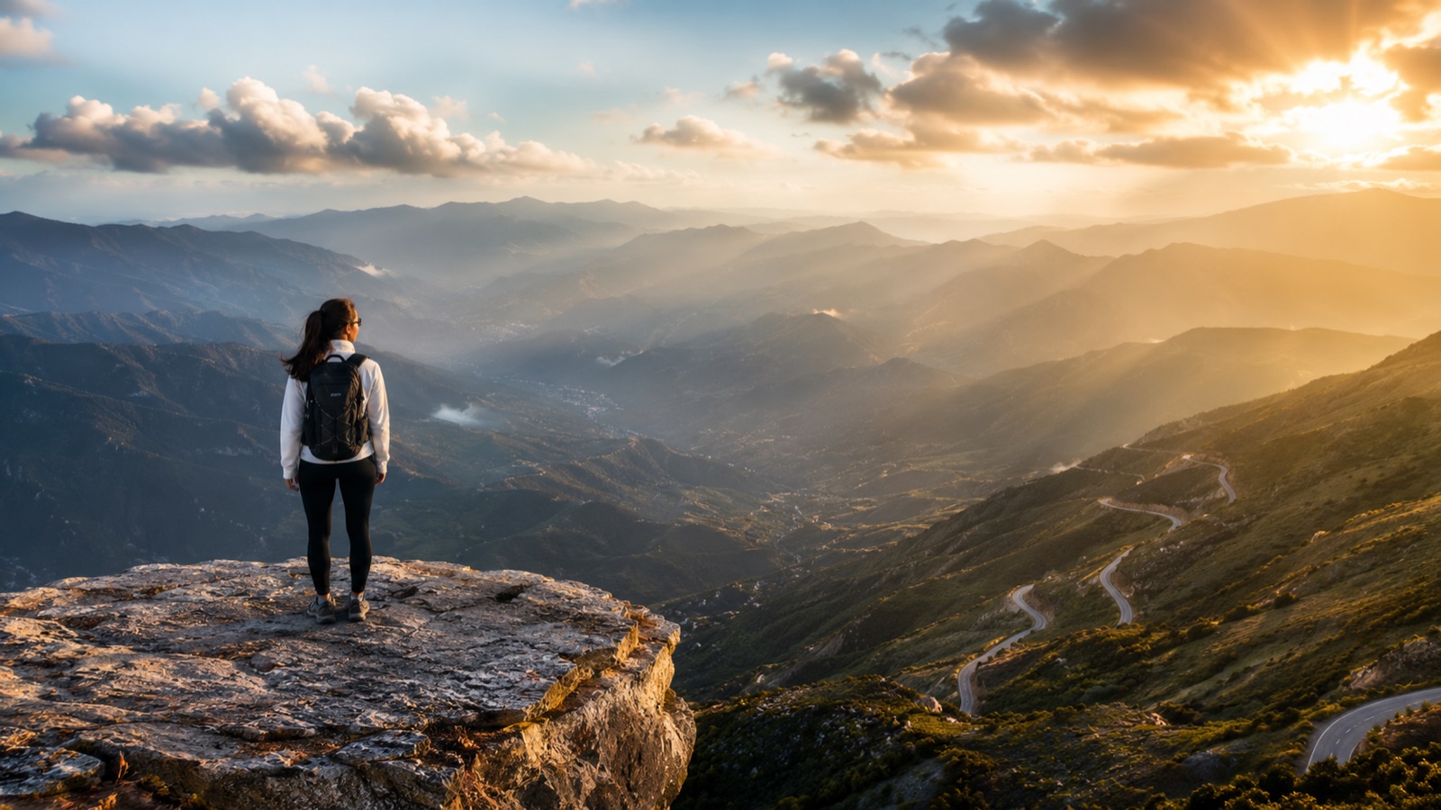 A solo female traveler overlooking a scenic mountain and ocean destination